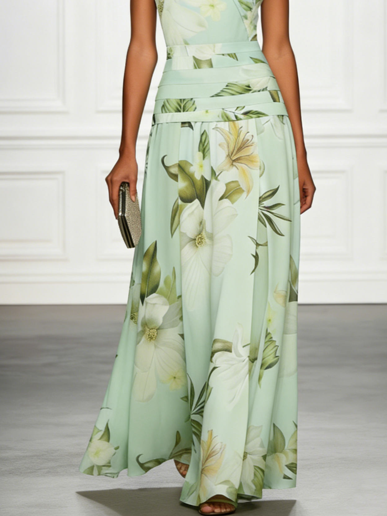 Maxikleid für Damen mit Blumenmuster, ärmellos, Bootsausschnitt und plissiertem Taillenbereich