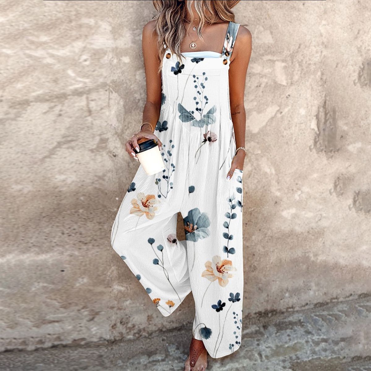 Women's Floral Wide-Leg Jumpsuit with Adjustable Straps and Pockets