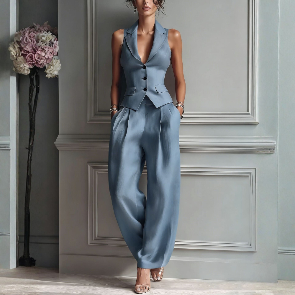 Women's Tailored Two-Piece Set with Waistcoat and Wide-Leg Trousers