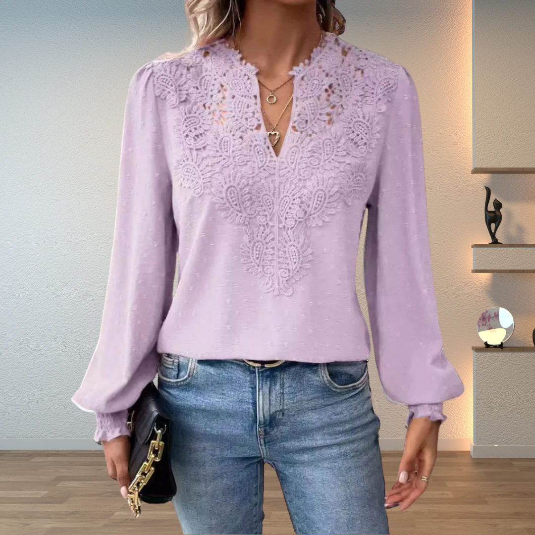 Blouse décontractée à manches longues en dentelle florale et col en V pour femme