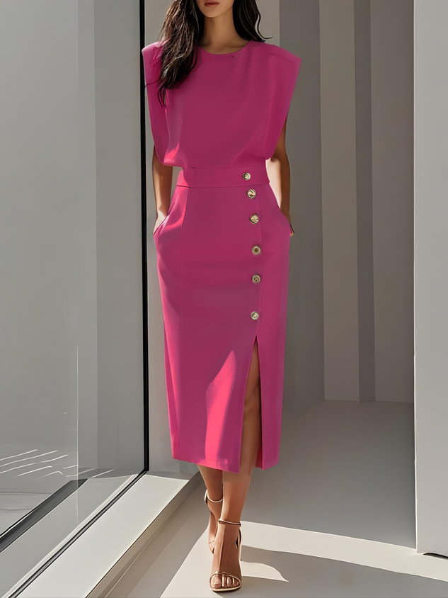 Women's Elegant Button Detail Midi Dress
