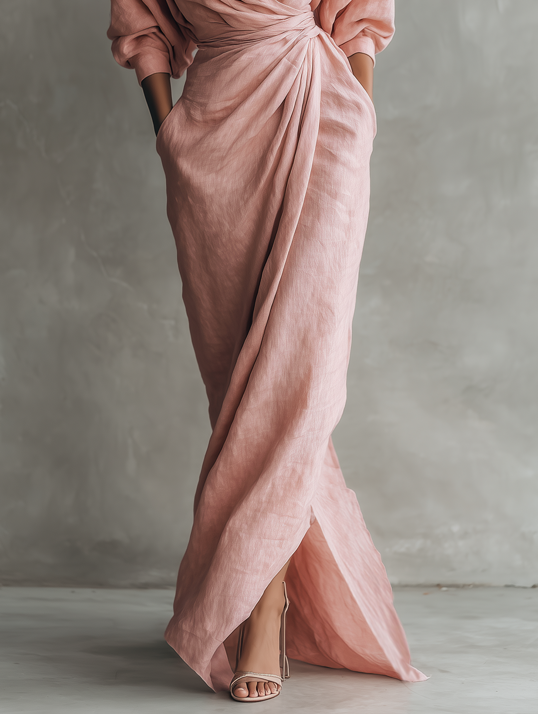 Women's Draped Wrap V Neck Maxi Dress with Twist Waist Detail