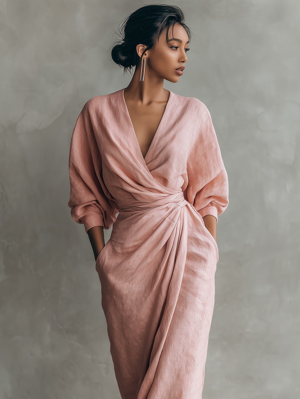 Women's Draped Wrap V Neck Maxi Dress with Twist Waist Detail