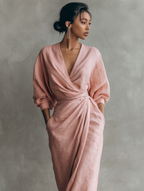 Women's Draped Wrap V Neck Maxi Dress with Twist Waist Detail