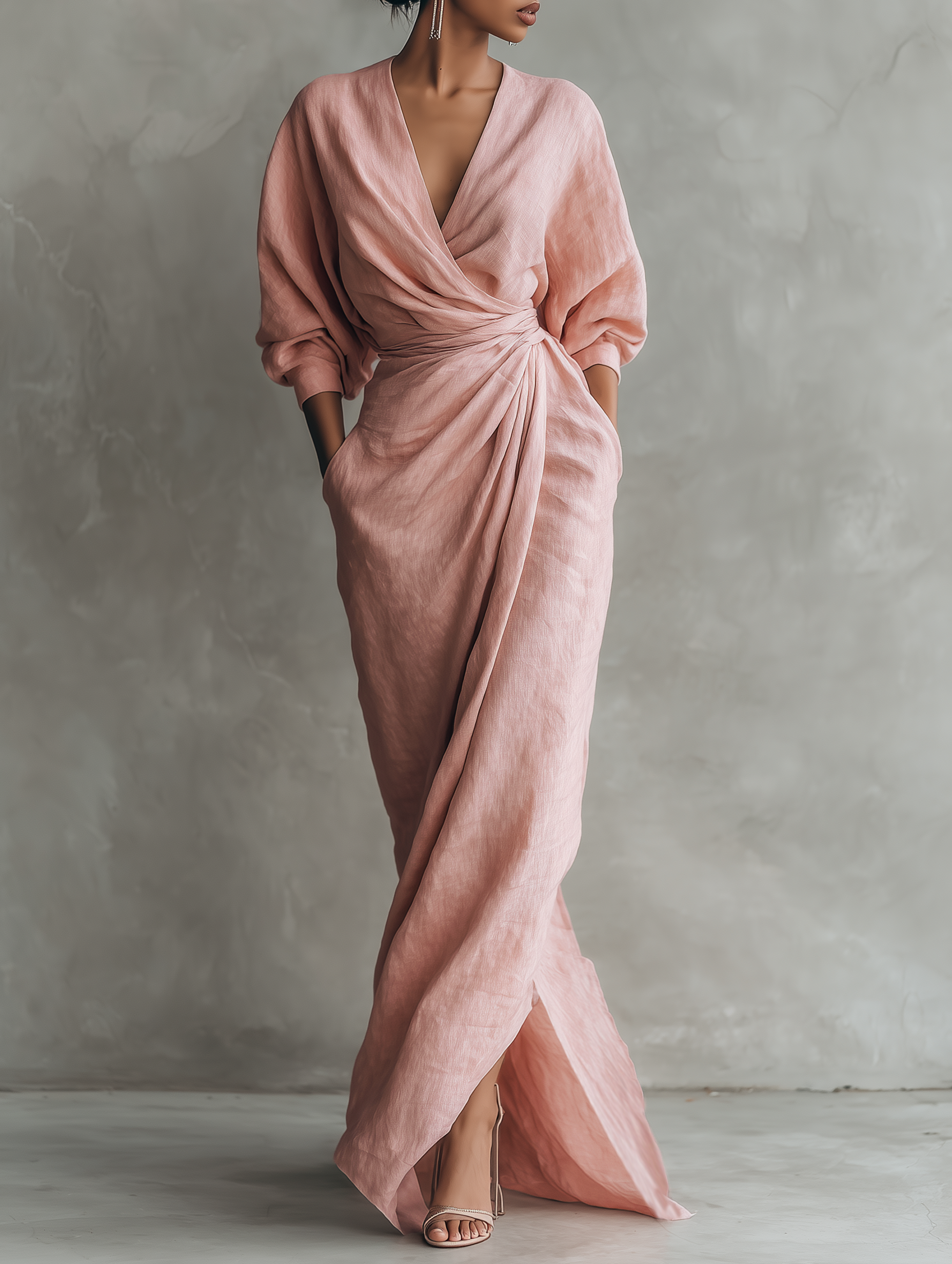 Women's Draped Wrap V Neck Maxi Dress with Twist Waist Detail
