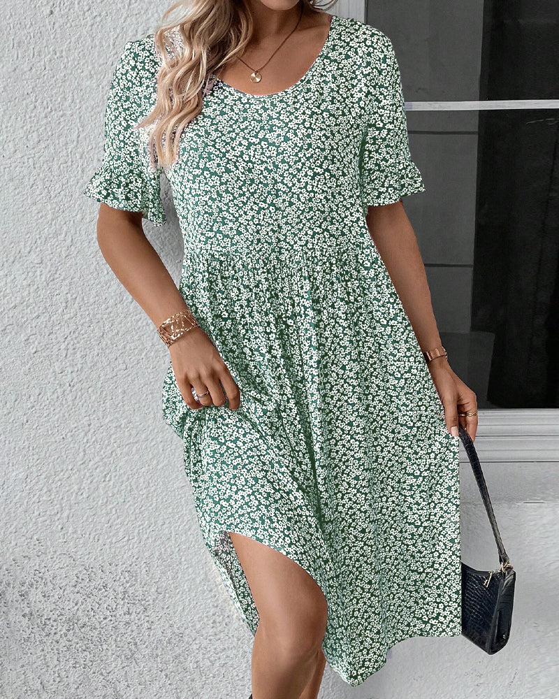 Women's Floral Midi Dress with Short Sleeves for Everyday Elegance