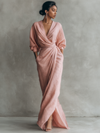 Women's Draped Wrap V Neck Maxi Dress with Twist Waist Detail