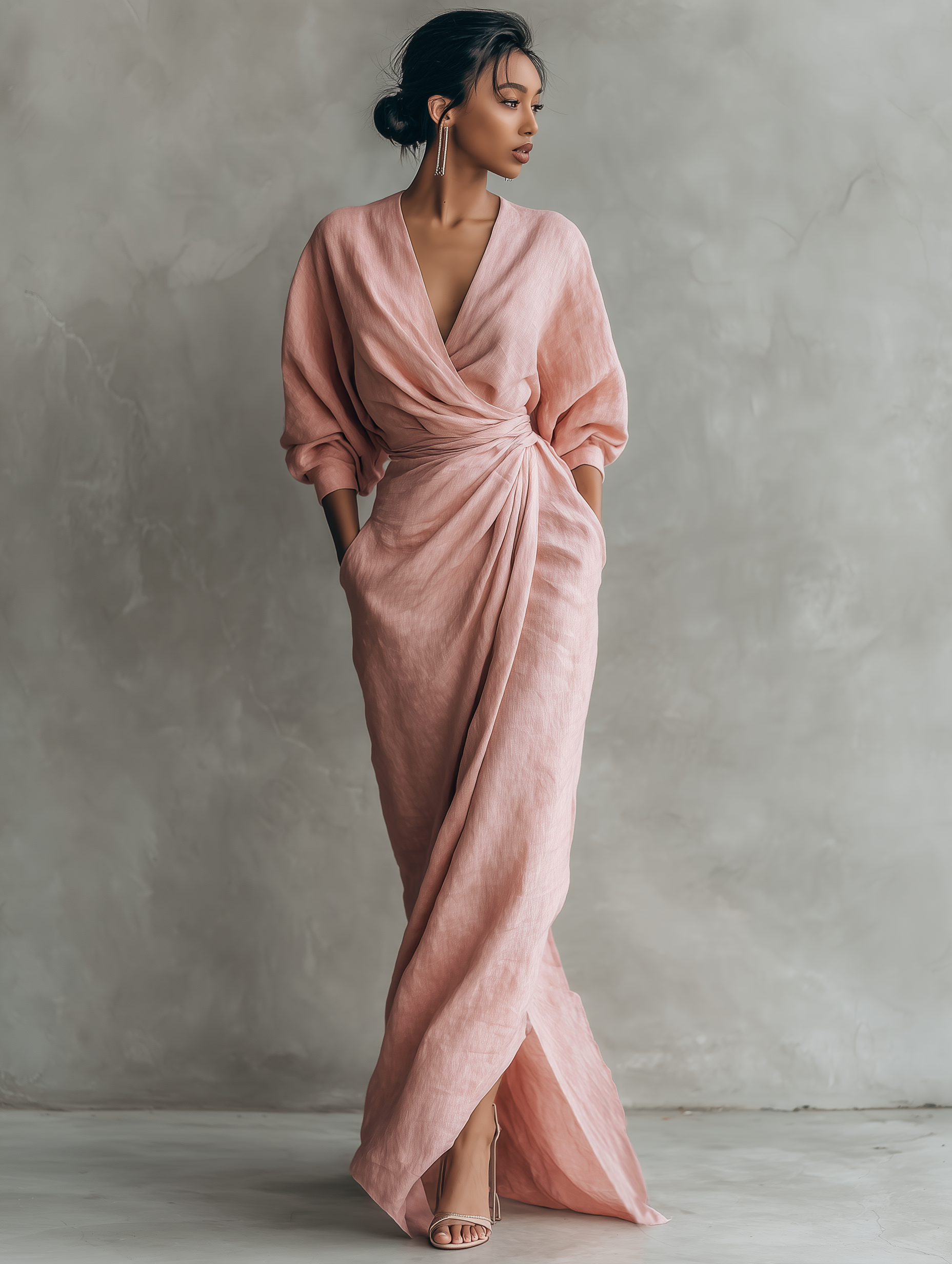 Women's Draped Wrap V Neck Maxi Dress with Twist Waist Detail