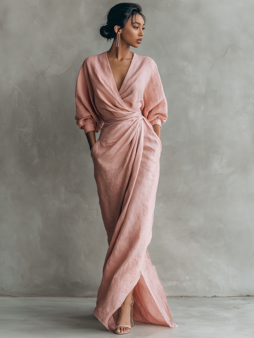 Women's Draped Wrap V Neck Maxi Dress with Twist Waist Detail