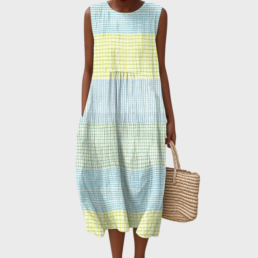 Women's Sleeveless Colour Block Check Print Relaxed Fit Midi Dress with Pockets