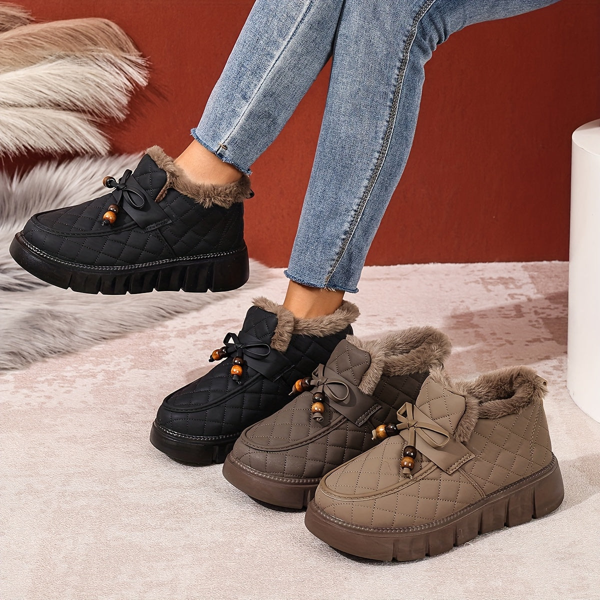 Dames vatterede slip-on-sko med imiteret pelsfor