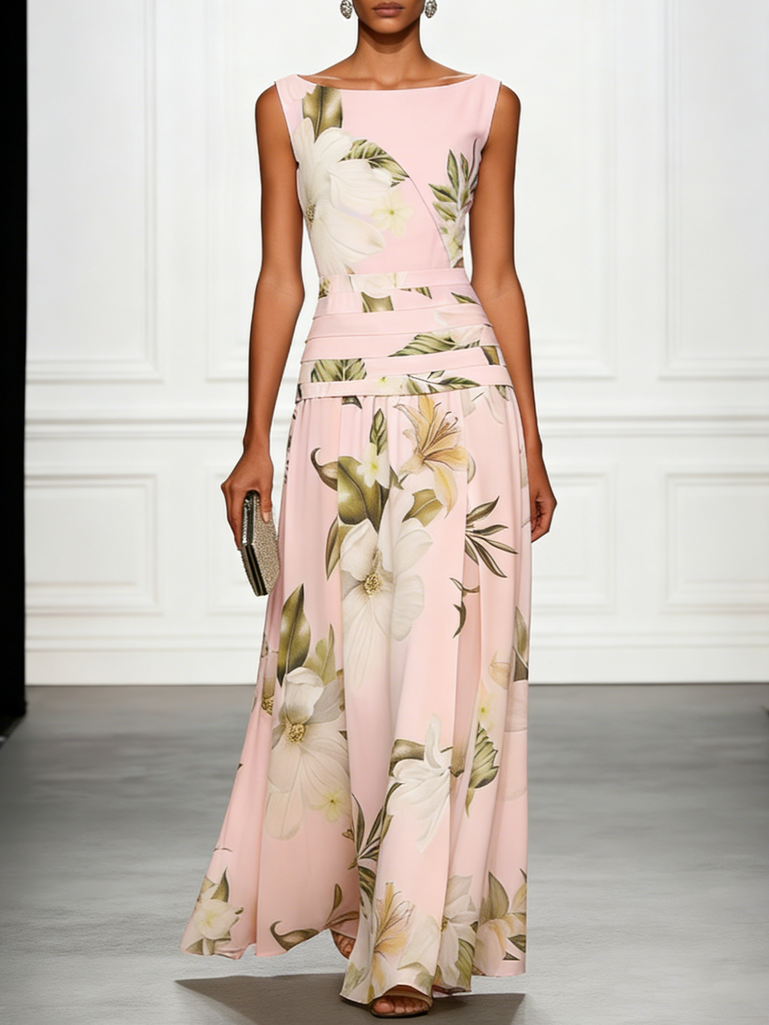 Maxikleid für Damen mit Blumenmuster, ärmellos, Bootsausschnitt und plissiertem Taillenbereich