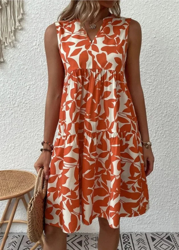 Women's Tropical Leaf Print Dress with Tiered Relaxed Summer Fit