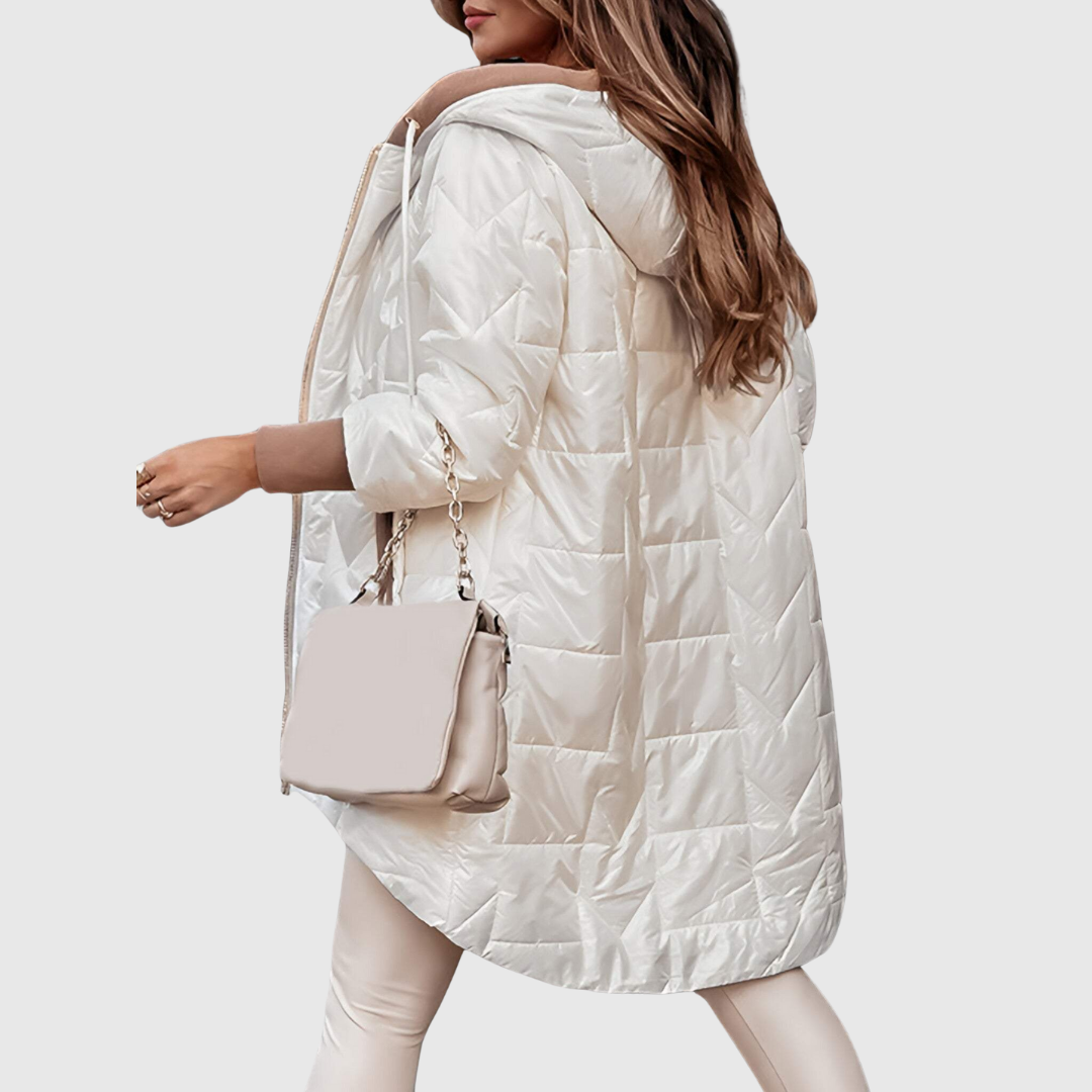 Damen-Steppjacke mit Kapuze, extra langem Schnitt und Daunenoptik