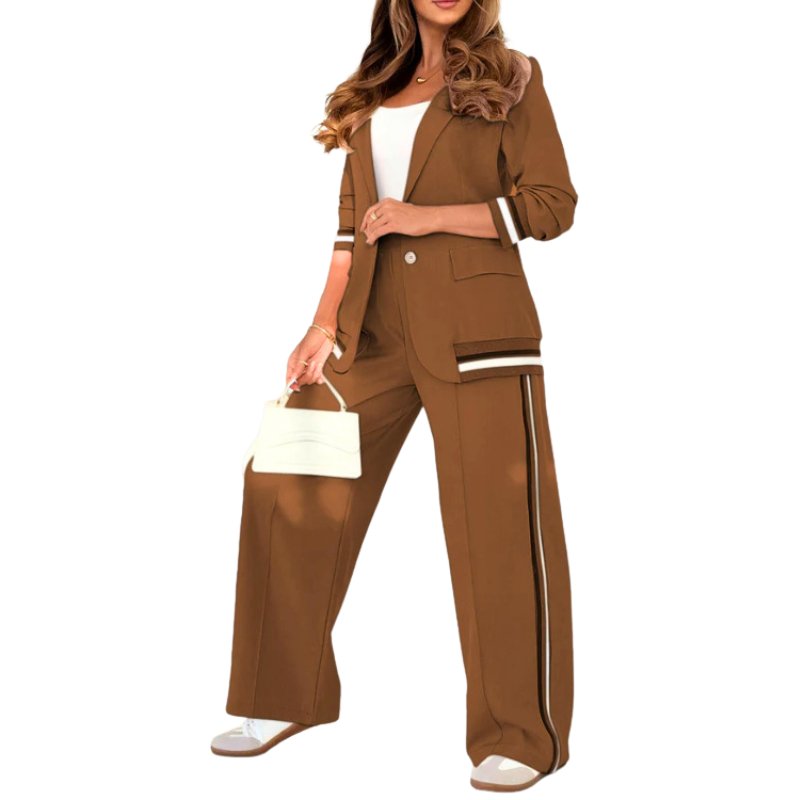 Women’s Striped Trim Blazer and Wide Leg Pants Set