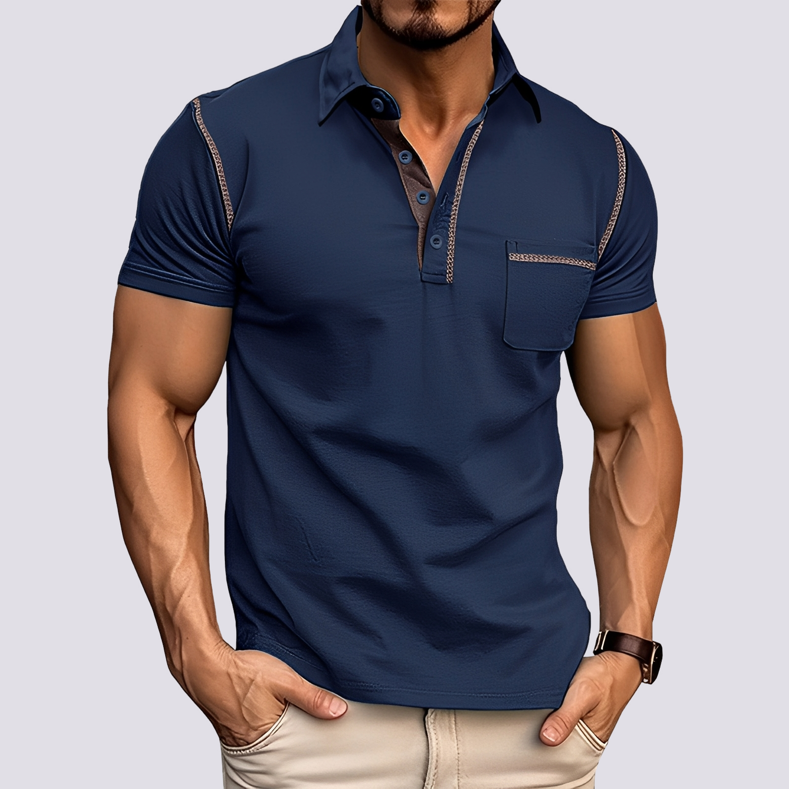 T-shirt Henley manches courtes pour homme avec bordure contrastée et poche poitrine