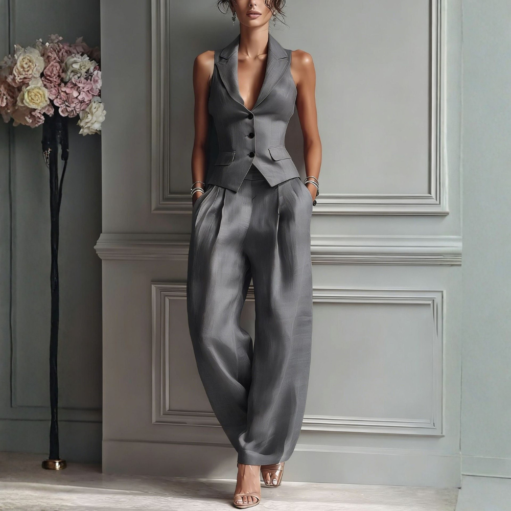 Women's Tailored Two-Piece Set with Waistcoat and Wide-Leg Trousers