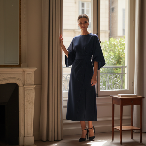 Robe midi élégante à col bateau pour femme avec larges manches, taille cintrée et jupe évasée en A