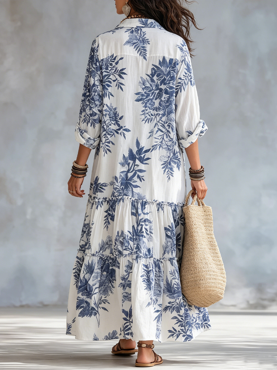 Women's Boho Floral Button Front Tiered Maxi Shirt Dress