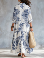 Women's Boho Floral Button Front Tiered Maxi Shirt Dress