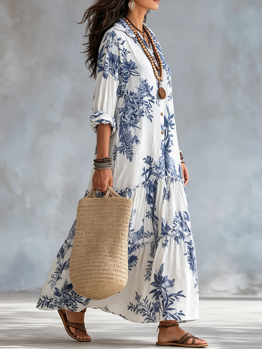 Women's Boho Floral Button Front Tiered Maxi Shirt Dress