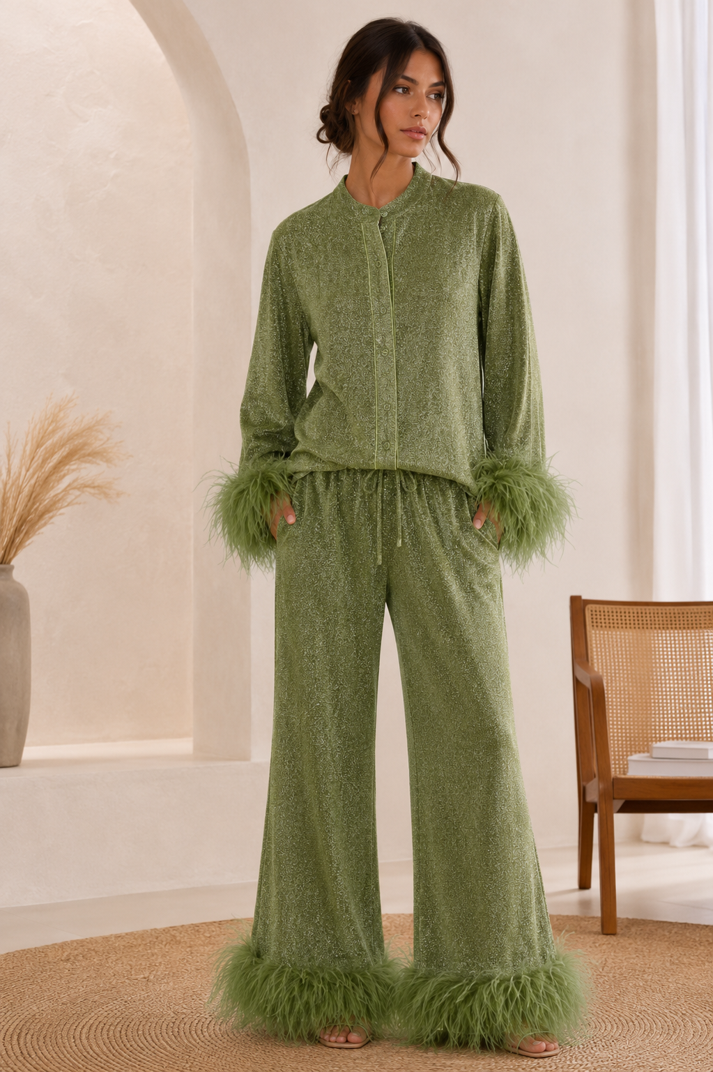 Ensemble détente pour femme avec bordure en plumes