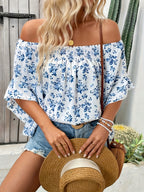 Women's Blue Floral Off-Shoulder Smocked Blouse