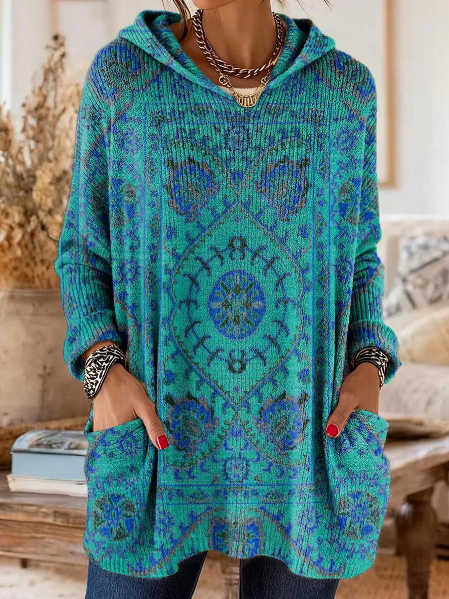 Pull tunique imprimé à capuche pour femme