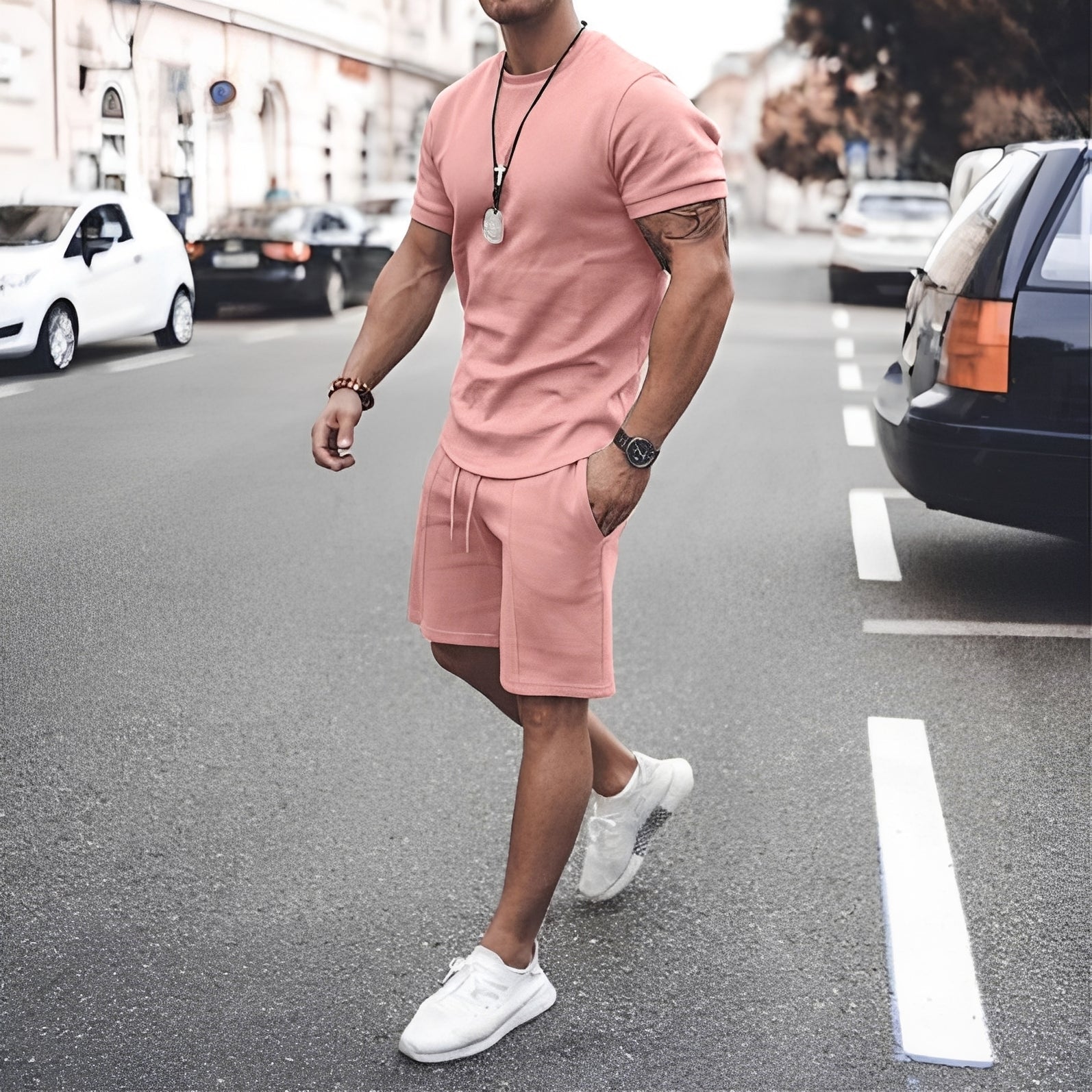 Men's Casual Short Sleeve T Shirt and Drawstring Shorts Two Piece Set