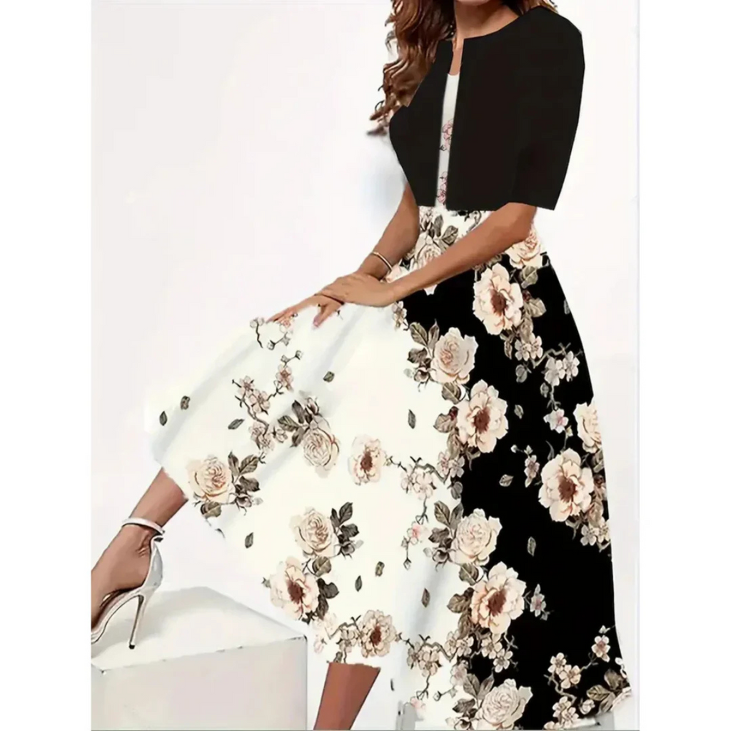 Damen-Midikleid mit floralem Patchwork-Rock und strukturiertem Oberteil