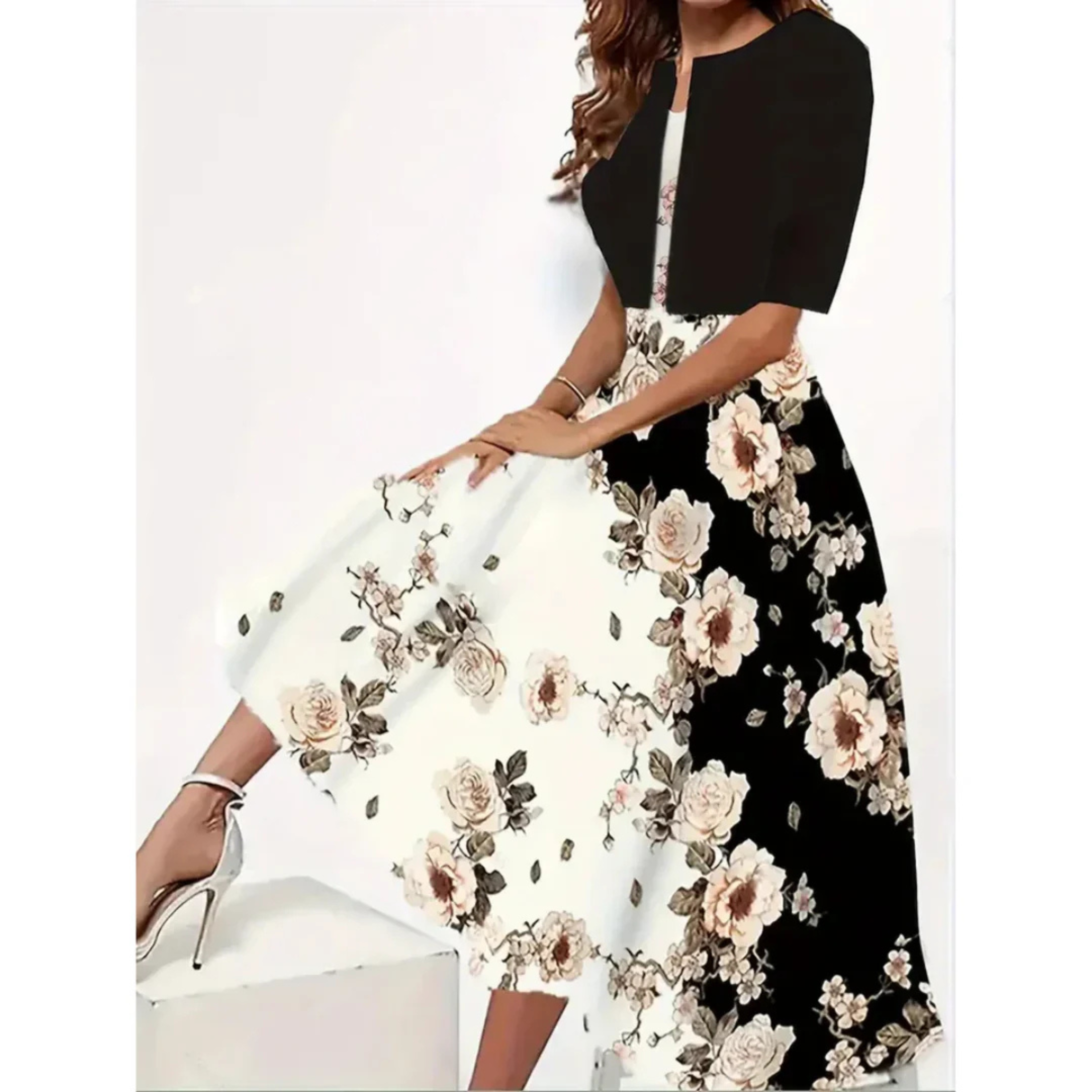 Women's Midi Dress with Floral Patchwork Skirt and Structured Top Design