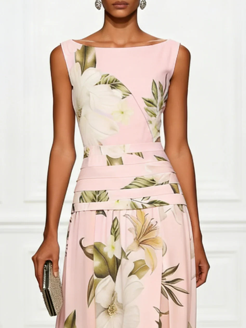 Maxikleid für Damen mit Blumenmuster, ärmellos, Bootsausschnitt und plissiertem Taillenbereich