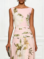 Maxikleid für Damen mit Blumenmuster, ärmellos, Bootsausschnitt und plissiertem Taillenbereich