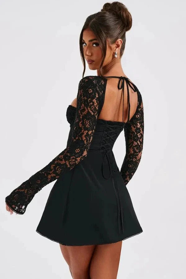 Damen Spitzen-Minikleid mit geformtem Bustier, ausgestellten Ärmeln und figurbetonter Passform