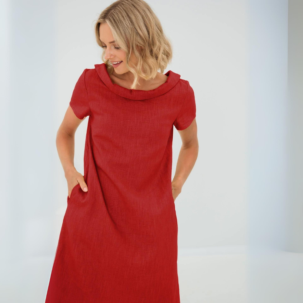 Leinen-Midikleid für Damen mit umgeschlagenem Kragen für den täglichen Sommergebrauch