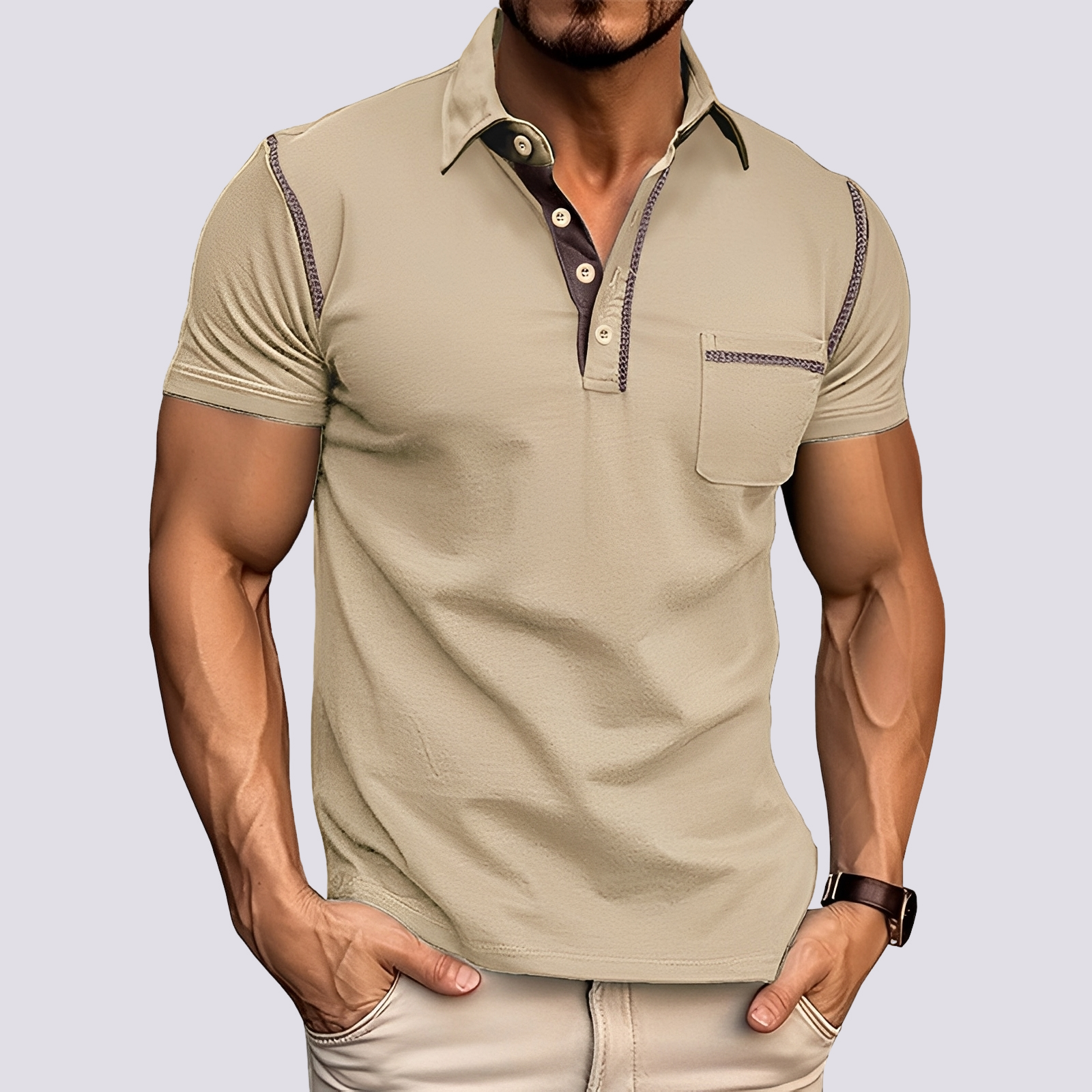 T-shirt Henley manches courtes pour homme avec bordure contrastée et poche poitrine