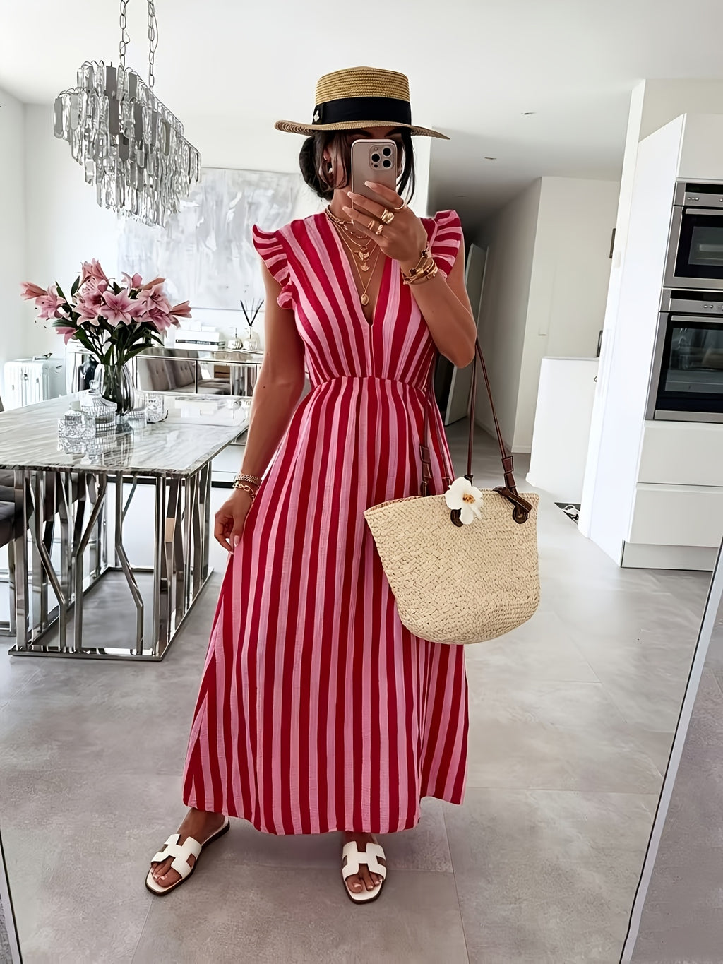 Women's Striped V-Neck Flutter Sleeve Maxi Dress