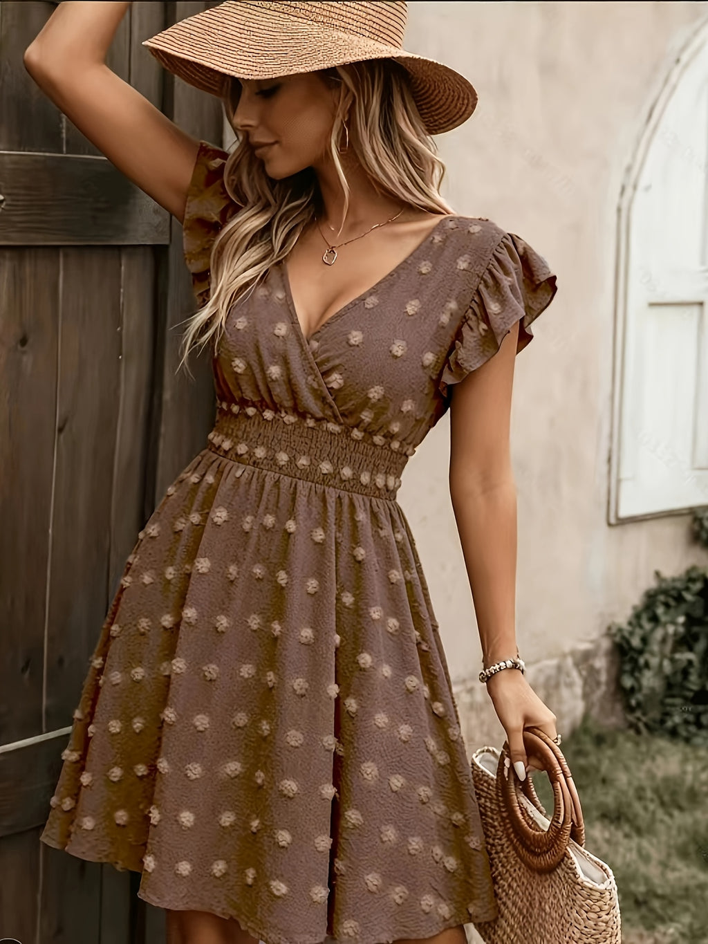 Women's Textured Midi Dress with Shirred Waist and Flutter Sleeves