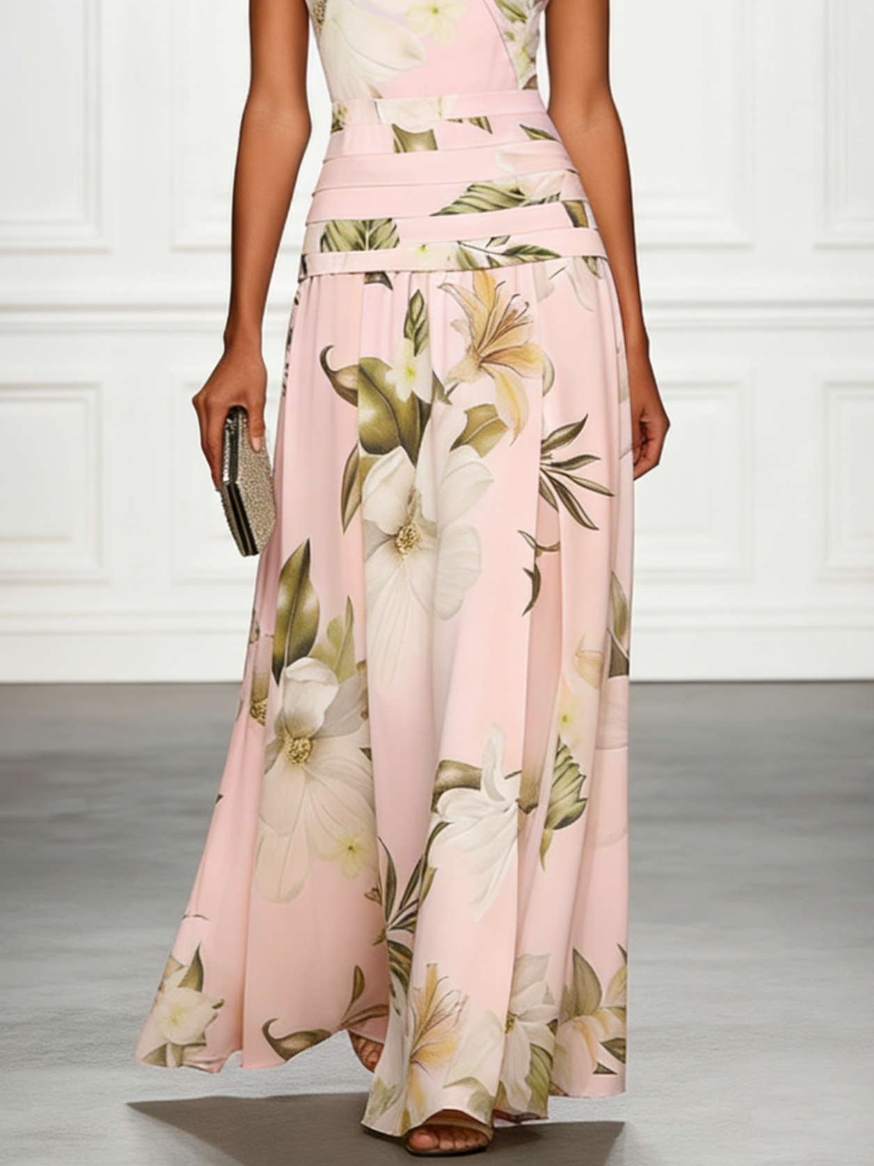 Maxikleid für Damen mit Blumenmuster, ärmellos, Bootsausschnitt und plissiertem Taillenbereich