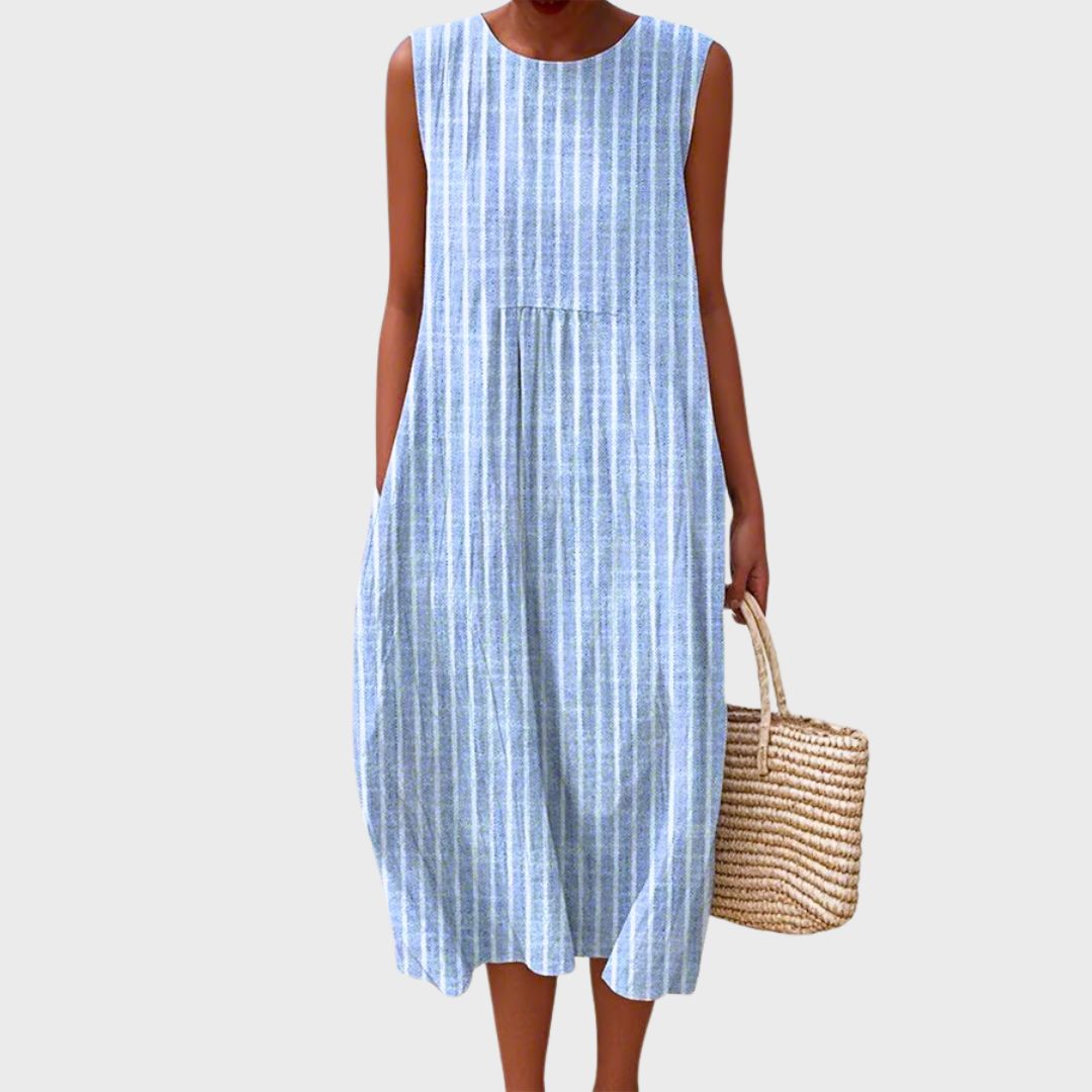 Robe mi-longue sans manches à coupe décontractée avec imprimé à carreaux bicolore et poches pour femme