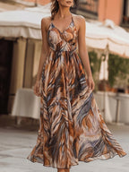 Women's Feather Print Halter Neck Maxi Dress
