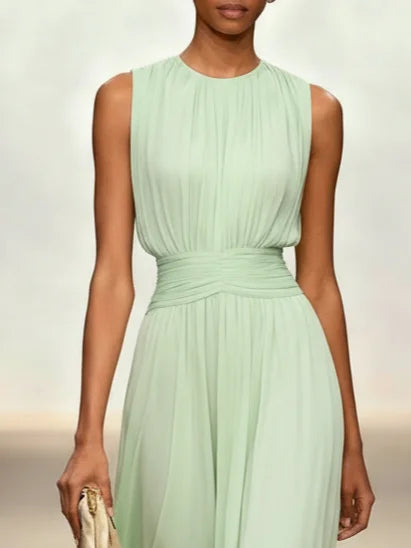 Ärmelloses Chiffon-Maxikleid für Damen mit geraffter Taille und fließendem Saum