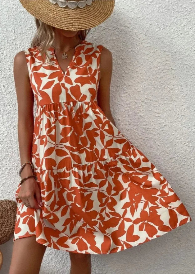 Women's Tropical Leaf Print Dress with Tiered Relaxed Summer Fit