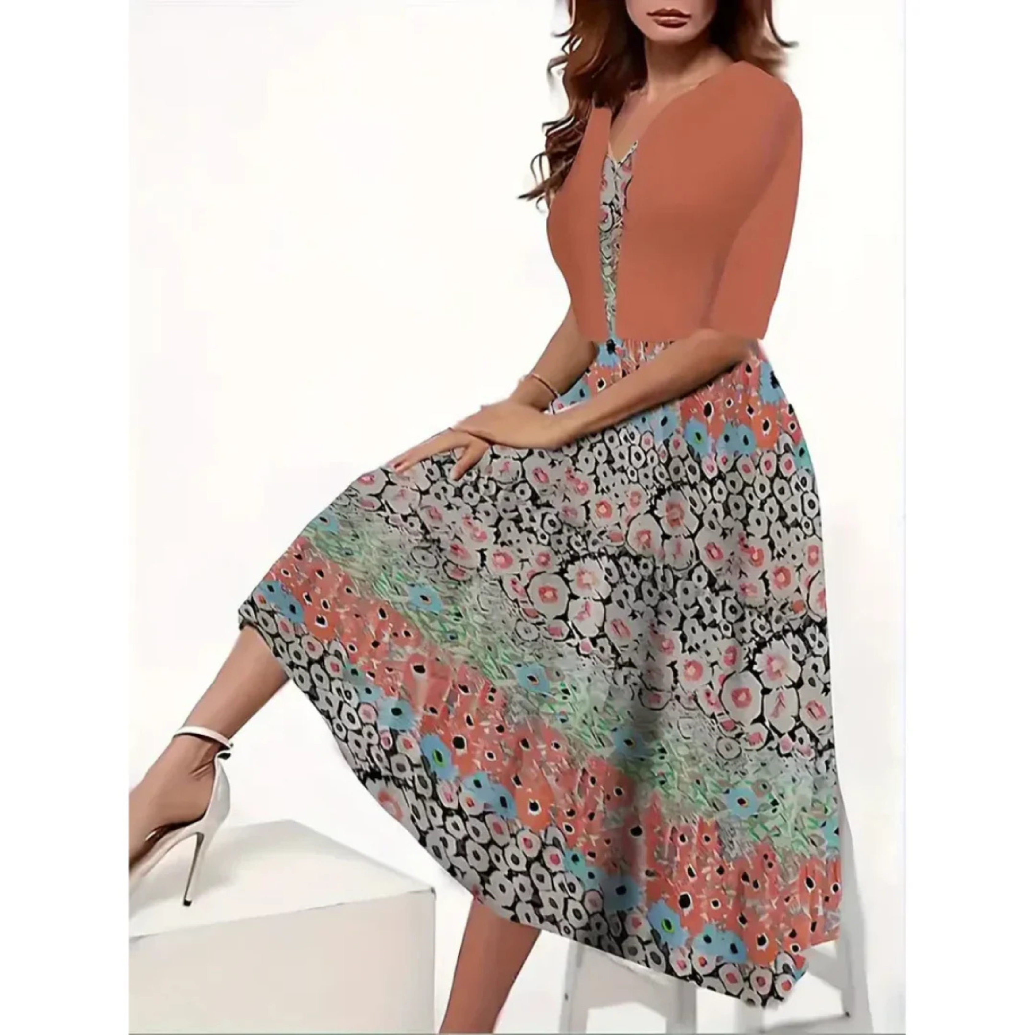 Women's Midi Dress with Floral Patchwork Skirt and Structured Top Design