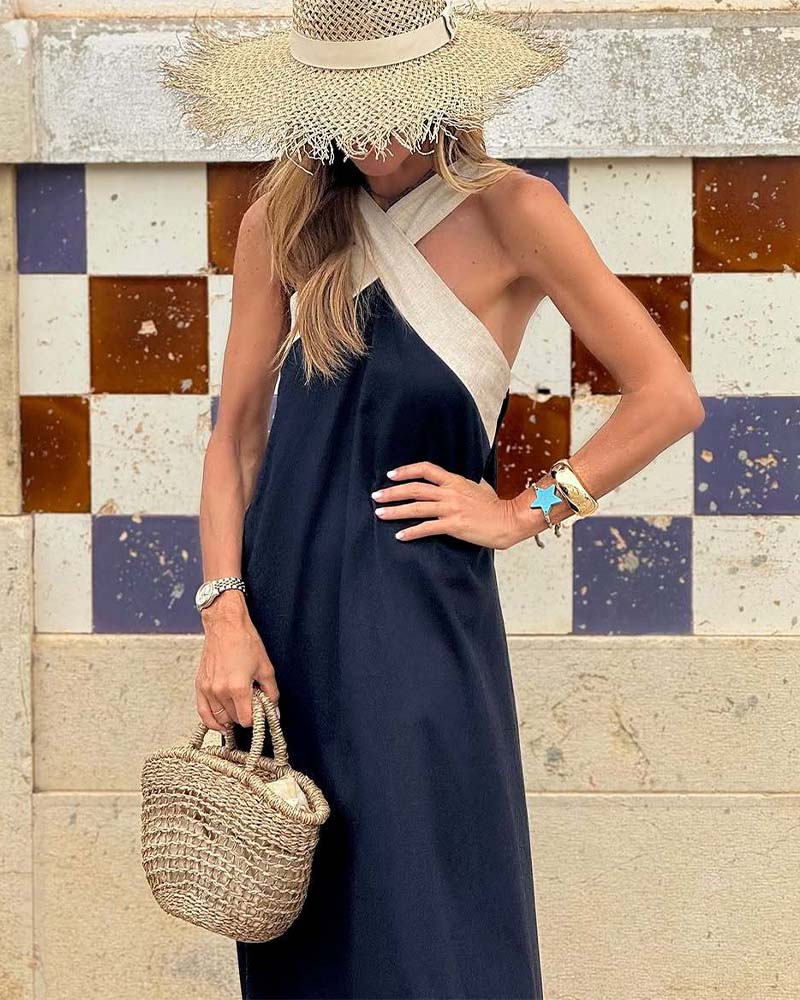 Women's Colorblock Halter Maxi Dress with Cross-Neck Detail