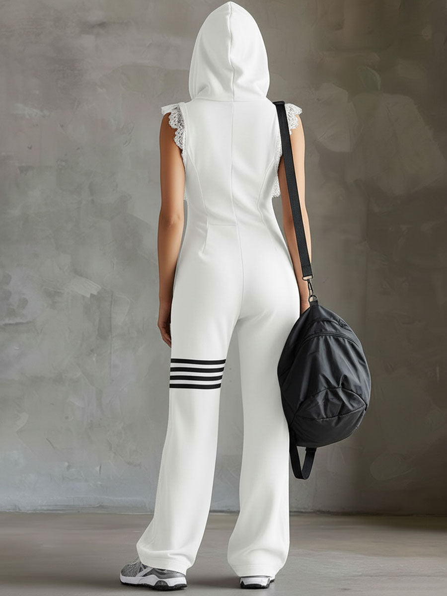 Damen-Jumpsuit mit Kapuze, Reißverschluss vorn und weitem Bein