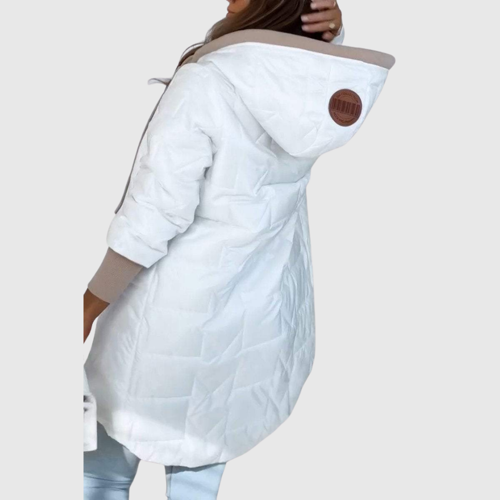 Damen-Steppjacke mit Kapuze, extra langem Schnitt und Daunenoptik