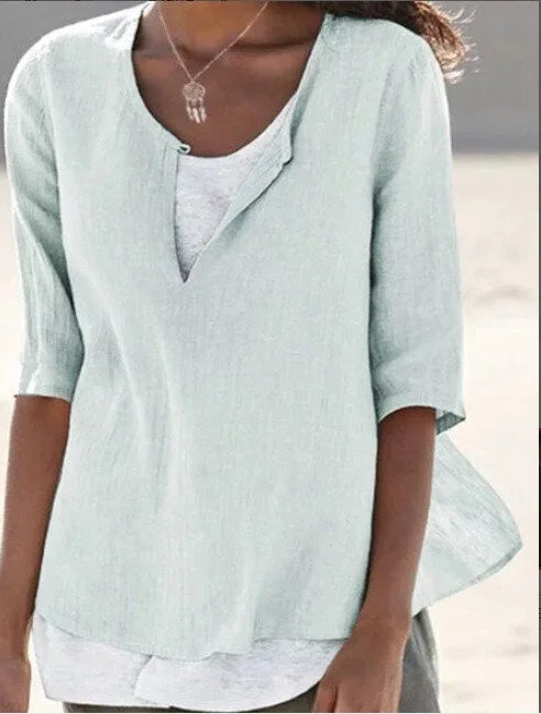 Blouse décontractée pour femme à manches trois-quarts et col en V superposé