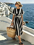 Women's Striped Midi Dress with Waist Detail and Short Sleeves