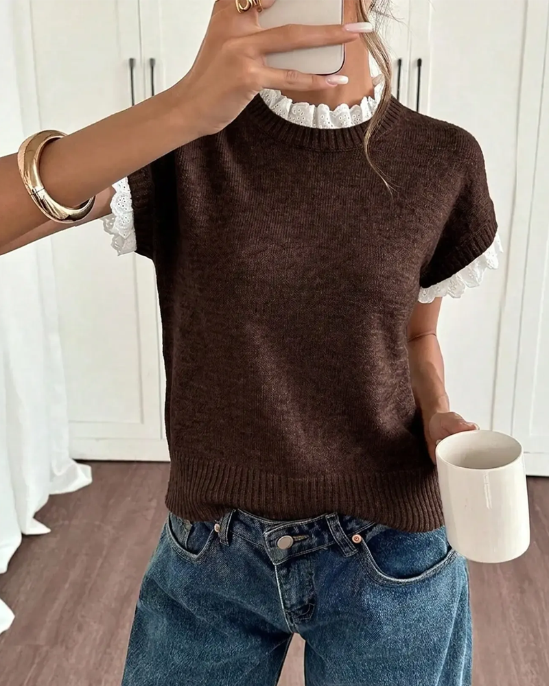 Pull à manches courtes pour femme avec bordure en dentelle